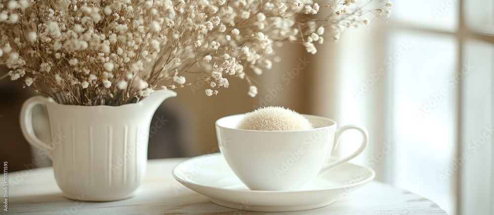 Elegant breakfast setting in a cozy living room featuring a white cup, decorative flower arrangement, and a minimalistic dining decor. Elegant breakfast setting in a cozy living room featuring a white cup, decorative flower arrangement, and a minimalistic dining decor.