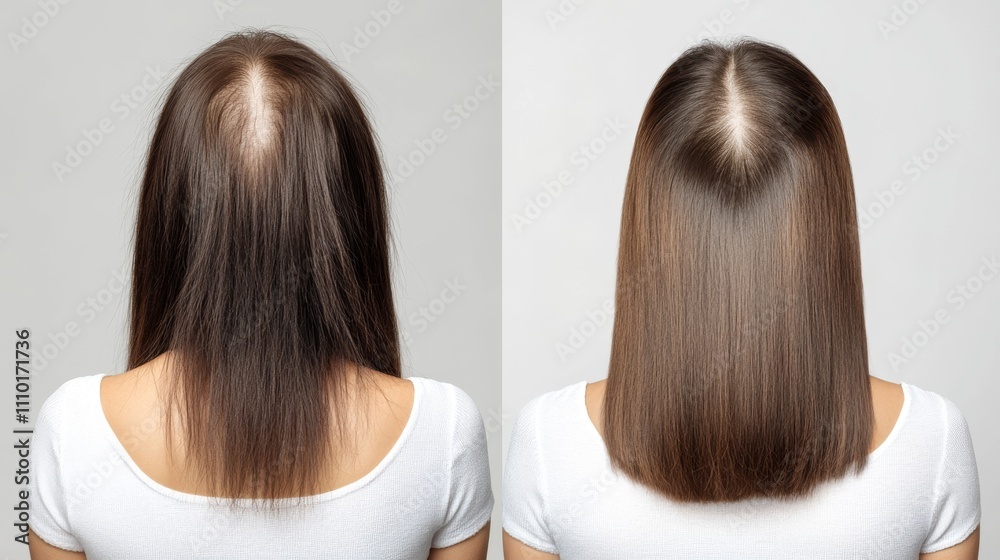 The image shows a before-and-after transformation of hair, highlighting significant improvement in thickness and style.