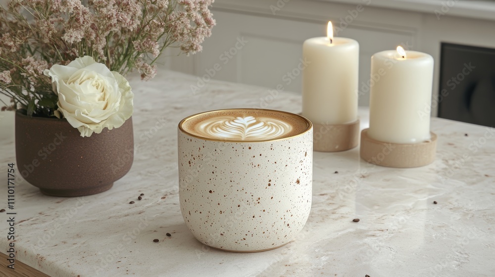 Melange coffee is beautifully crafted, showcased in a speckled mug. The serene setting features soft candles and delicate flowers, creating a calming atmosphere. Melange coffee is beautifully crafted, showcased in a speckled mug. The serene setting features soft candles and delicate flowers, creating a calming atmosphere.
