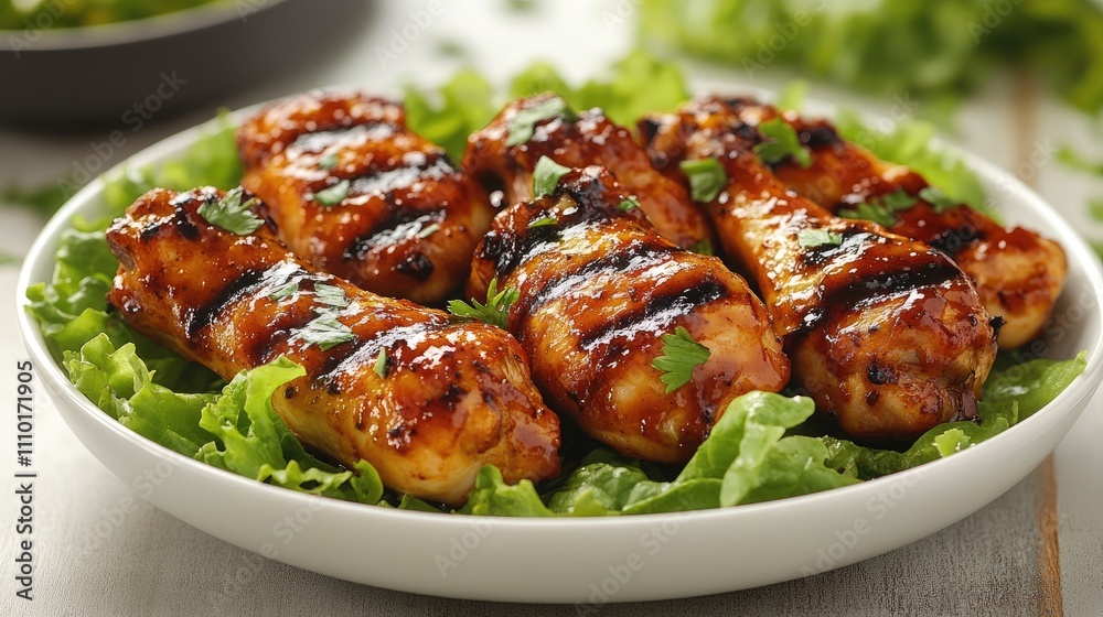 Buffalo BBQ Chicken Legs Garnished with Fresh Lettuce on a White Background Perfect for Food Promotions and Recipes Buffalo BBQ Chicken Legs Garnished with Fresh Lettuce on a White Background Perfect for Food Promotions and Recipes