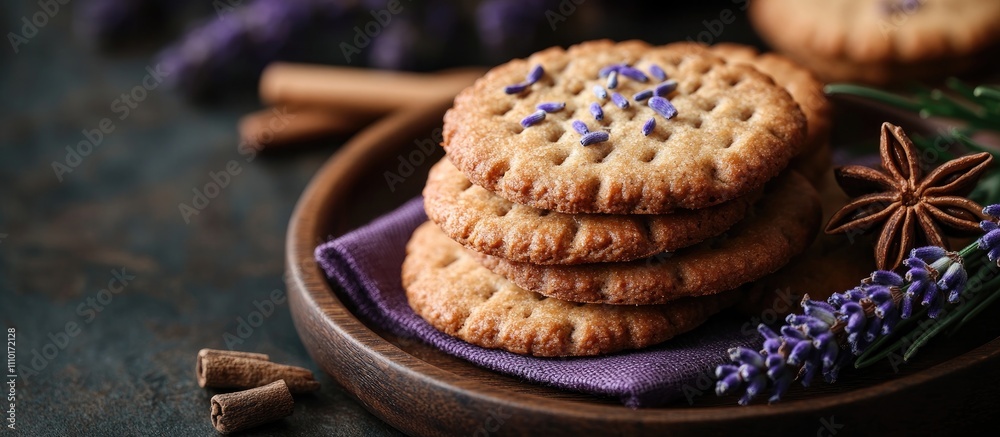 Chocolate crack biscuits with lavender and spices arranged on a rustic wooden plate with a dark backdrop and purple napkin decoration. Chocolate crack biscuits with lavender and spices arranged on a rustic wooden plate with a dark backdrop and purple napkin decoration.