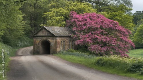 Vibrant pink flowering bush alongside a tree-lined pathway leading to an archway in a serene outdoor setting photo