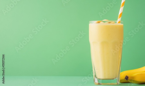 Glass with banana shake with many yellow bananas and bright green background photo