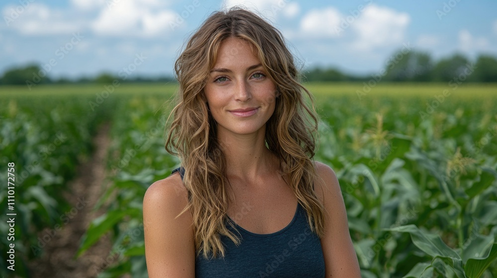 Portrait of young woman in cornfield with green plants under blue sky showcasing agricultural lifestyle and summer harvest spirit Portrait of young woman in cornfield with green plants under blue sky showcasing agricultural lifestyle and summer harvest spirit