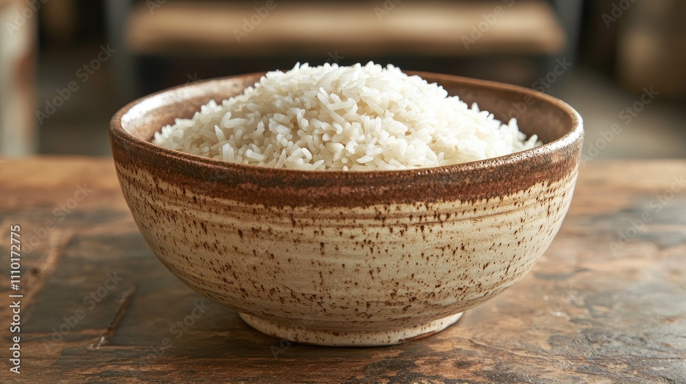Cooked plain white basmati rice served in a rustic ceramic bowl on a wooden table for a cozy dining experience Cooked plain white basmati rice served in a rustic ceramic bowl on a wooden table for a cozy dining experience