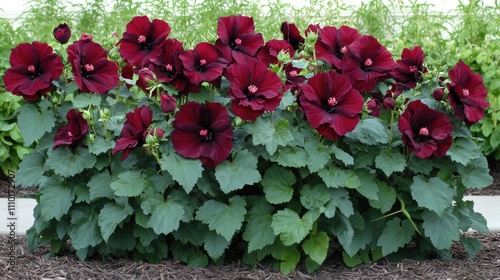 Vibrant Chinese Rose Hibiscus Flowers in Full Bloom Surrounded by Lush Green Foliage in a Beautiful Garden Setting