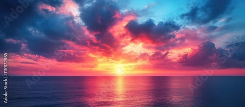 Vibrant twilight sky over calm ocean waters with dramatic clouds and sunset reflections creating a stunning natural landscape.