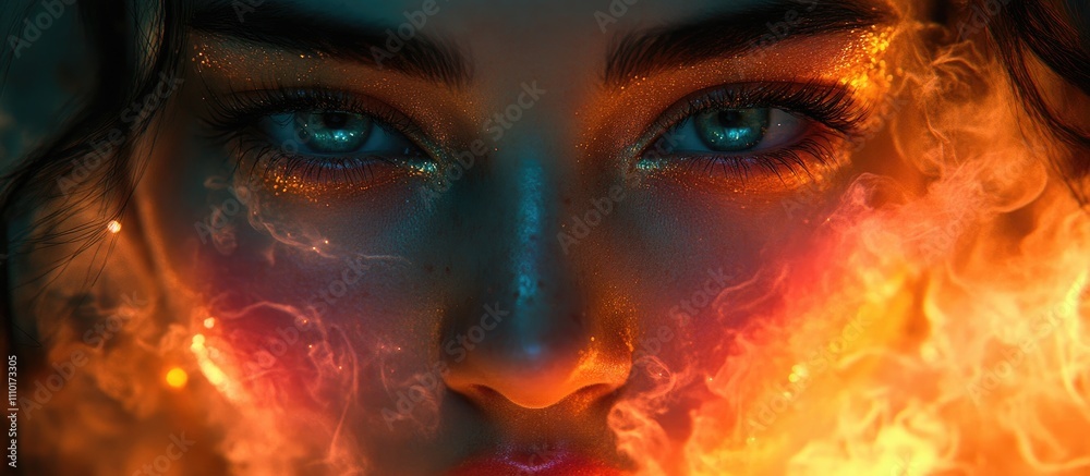 Mystical portrait of a woman with glowing blue eyes surrounded by vibrant smoke and fiery elements creating an ethereal atmosphere. Mystical portrait of a woman with glowing blue eyes surrounded by vibrant smoke and fiery elements creating an ethereal atmosphere.