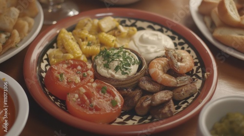 Assorted tapas starters platter with shrimp, sausage, tomatoes, corn, and sauces beautifully arranged on a decorative table setting