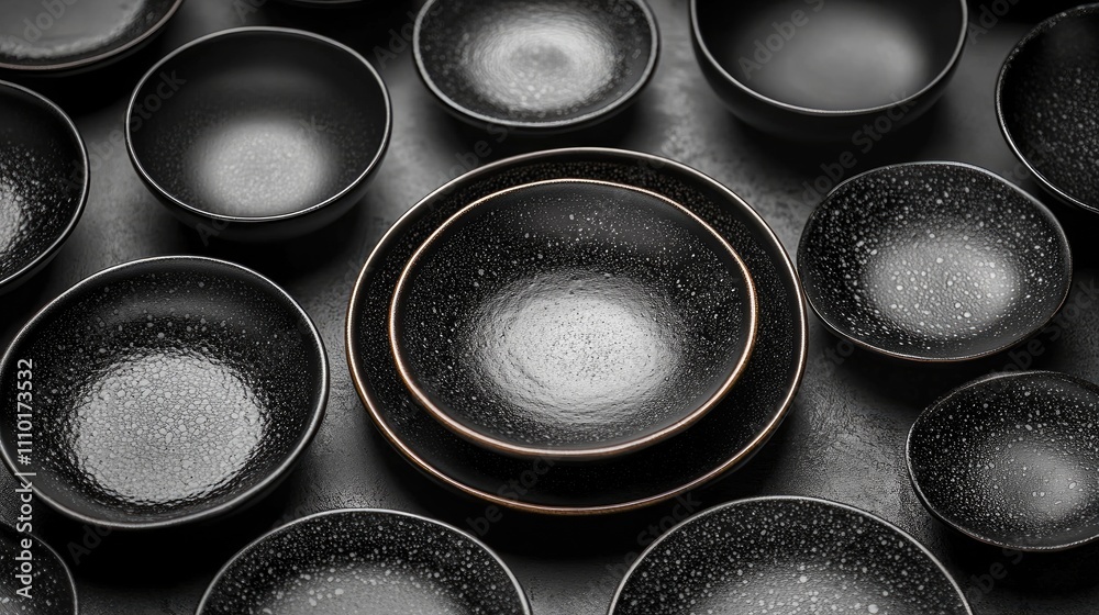 Elegant arrangement of assorted black ceramic dishes with speckled patterns on a minimalist white background Elegant arrangement of assorted black ceramic dishes with speckled patterns on a minimalist white background