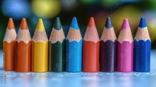 Colorful array of sharpened pencils arranged in a row on a white surface showcasing vibrant hues and artistic potential photo