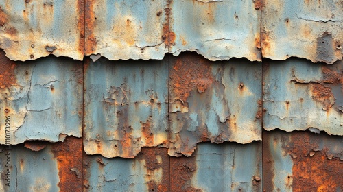 Corroded and weathered metal surface with rusty patches showcasing aged texture and peeling paint background ideal for industrial themes photo