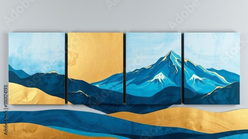 Abstract mountain landscape wall art panels in blue and gold hues create a serene and sophisticated atmosphere in any room, mountain, wall art photo