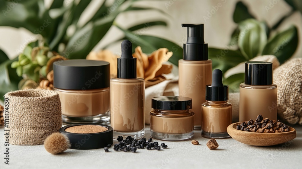 Elegant collection of cosmetic bottles and jars on neutral background showcasing skincare and beauty products for promotional use Elegant collection of cosmetic bottles and jars on neutral background showcasing skincare and beauty products for promotional use