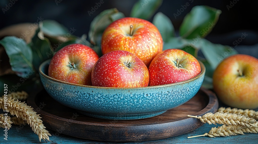 Colorful apples in a blue bowl with wheat ears and greenery on a textured wooden surface creating a rustic autumn scene. Colorful apples in a blue bowl with wheat ears and greenery on a textured wooden surface creating a rustic autumn scene.