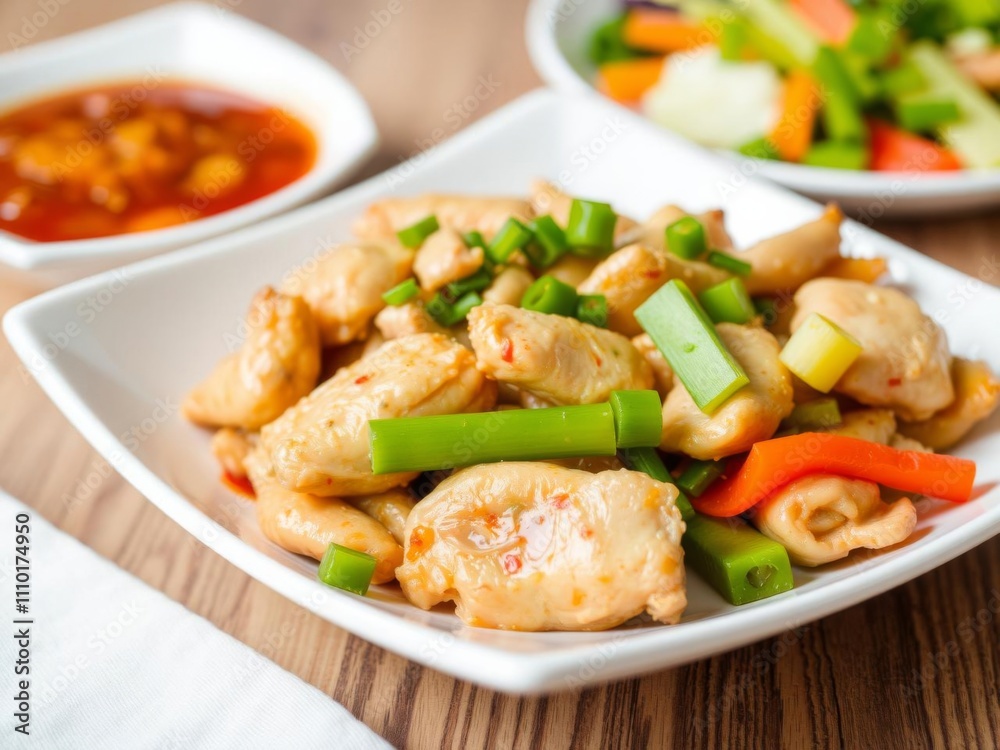 Asian food chicken stir fry with colorful vegetables in a savory sauce on a white plate, food styling, plate Asian food chicken stir fry with colorful vegetables in a savory sauce on a white plate, food styling, plate