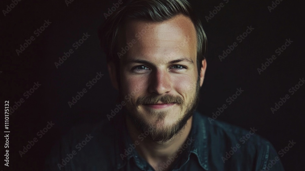 Handsome young man with a beard smiling in a modern hairstyle against a dark background capturing a cheerful and engaging expression Handsome young man with a beard smiling in a modern hairstyle against a dark background capturing a cheerful and engaging expression