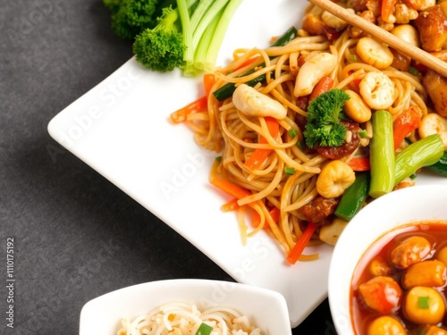 Assorted Indo Chinese dishes including schezwan noodles, veg fried rice, manchurian, chop suey, chilli paneer, and vegetable soup, hakka, chilli paneer photo