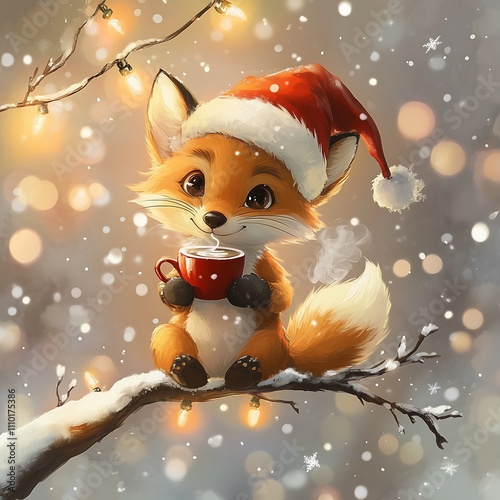 illustration red fox wearing christmas santa claus hat drinking hot coffee on snowy winter tree branch