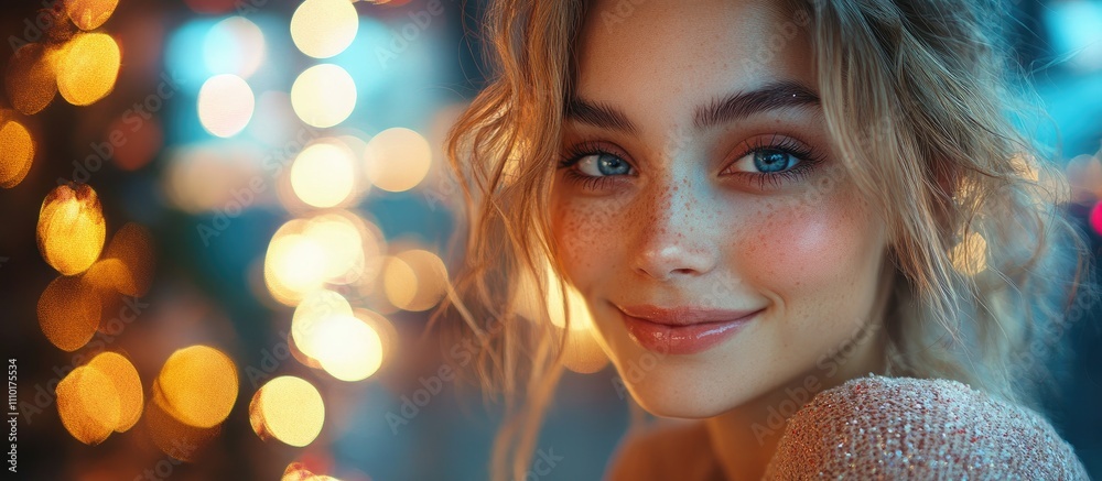 Young woman joyfully celebrating New Year with sparkling lights and a warm smile capturing festive spirit and holiday cheer Young woman joyfully celebrating New Year with sparkling lights and a warm smile capturing festive spirit and holiday cheer