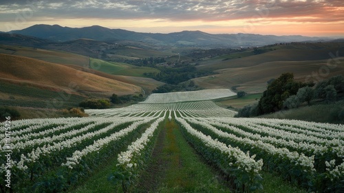 Wallpaper Mural Flowering oil radish cover crops in autumn landscape with rolling hills and sunset over vibrant fields of white blooms Torontodigital.ca