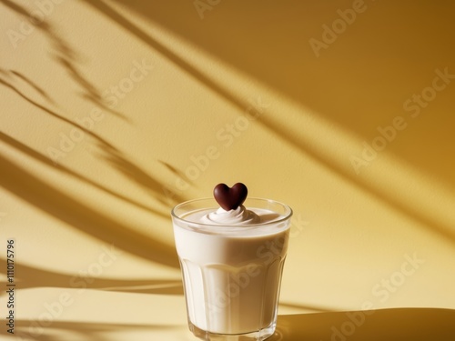 Creamy milk drink with heart topping on yellow background. photo