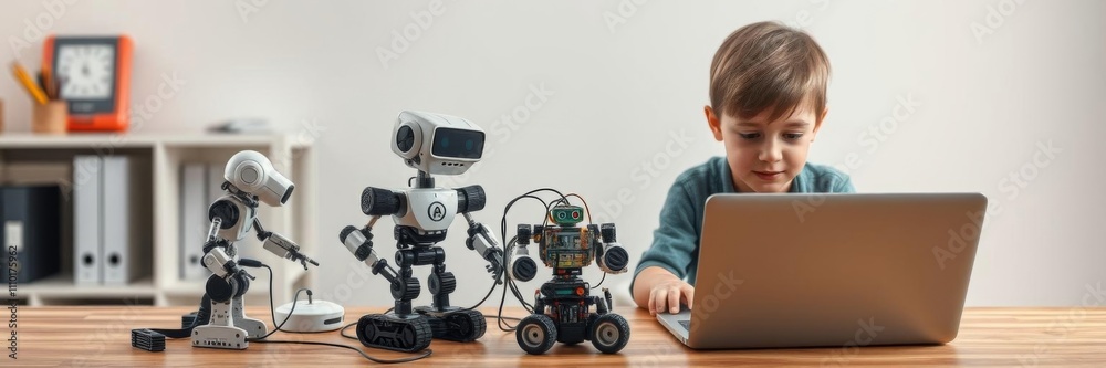 Children learning to program robots in a school setting using laptops and electronic constructors, focusing on tech education and engineering concepts, electronic constructor, school Children learning to program robots in a school setting using laptops and electronic constructors, focusing on tech education and engineering concepts, electronic constructor, school