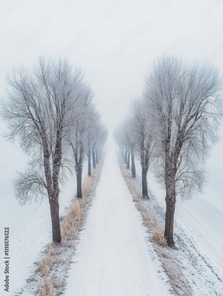 Serene Winter Landscape with Frost-Covered Trees Leading into a Misty Horizon, Capturing the Tranquility of a Snowy Pathway on a Cold Day Serene Winter Landscape with Frost-Covered Trees Leading into a Misty Horizon, Capturing the Tranquility of a Snowy Pathway on a Cold Day