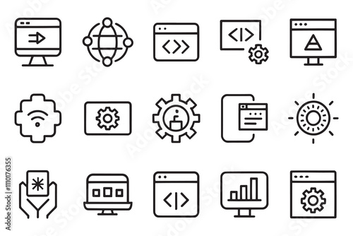 Code, api, programmer, developer, information technology related editable stroke outline icon set isolated flat vector illustration white background