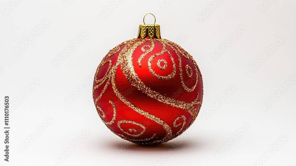Red Christmas ball with golden swirl design on a neutral background ideal for festive decorations and holiday themes. Red Christmas ball with golden swirl design on a neutral background ideal for festive decorations and holiday themes.