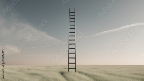 Infinite ladder reaching toward the sky amidst a vast open field.