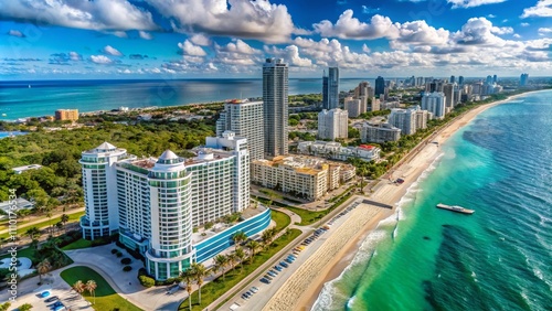 Aerial View of Luxury Hotels Near South Beach, Miami Beach, Florida on a Sunny Day Showcasing Vibrant Coastal Skyline and Beachfront Scenery in Minimalist Style