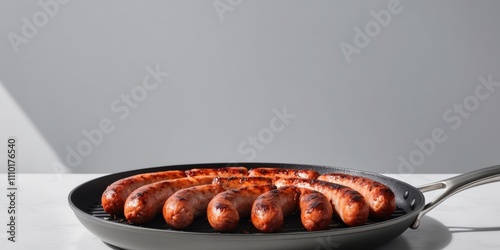 Grill pan with delicious grilled sausages on grey background. photo