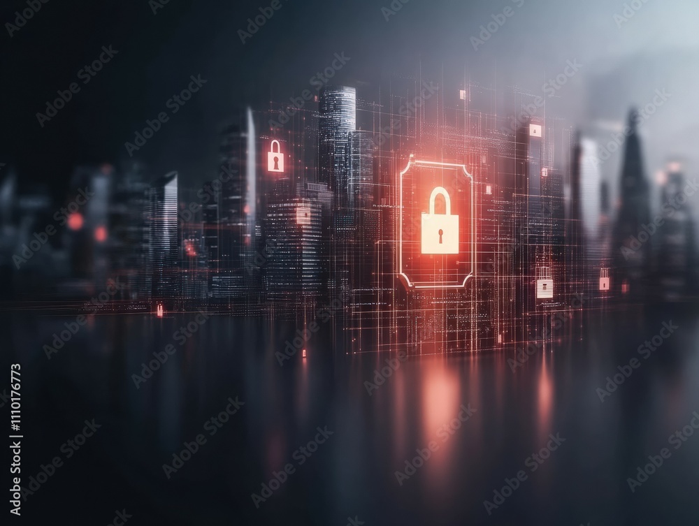 Obraz premium A futuristic cityscape features glowing padlocks, symbolizing cybersecurity and digital protection in a high-tech environment.