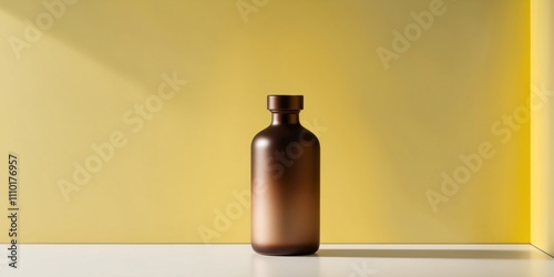 Elegant Brown Medicine Bottle on Vivid Yellow Background. photo