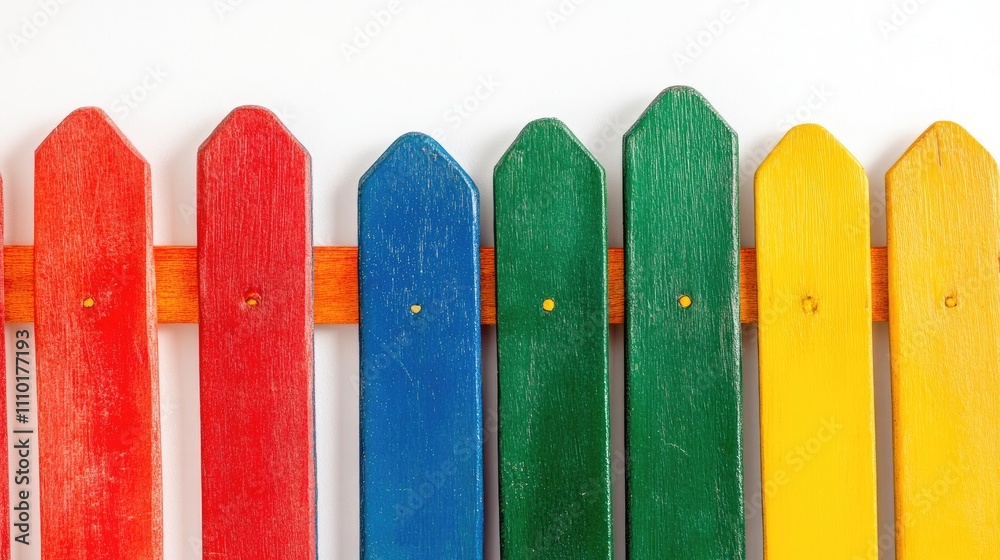 Colorful wooden fence made from ice cream sticks with blank space for text on a white background suitable for design projects and creativity. Colorful wooden fence made from ice cream sticks with blank space for text on a white background suitable for design projects and creativity.