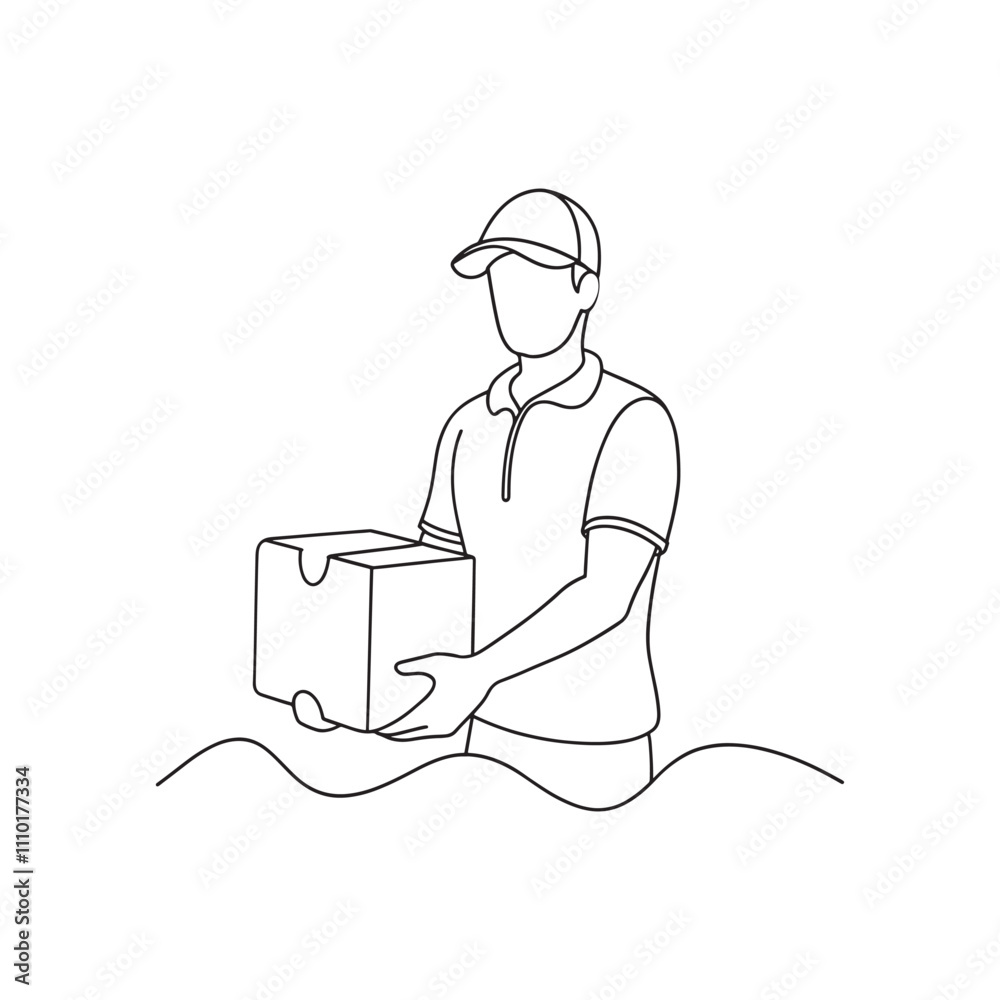 Delivery man holding a package Continuous line art flat vector illustration. Delivery man holding a package Continuous line art flat vector illustration.