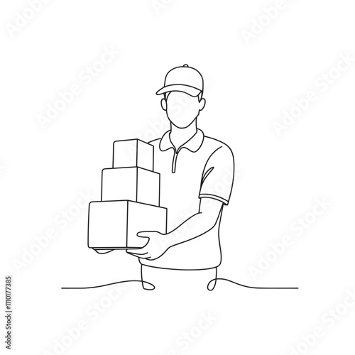  Delivery man holding stacked cardboard boxes Continuous line art flat vector illustration