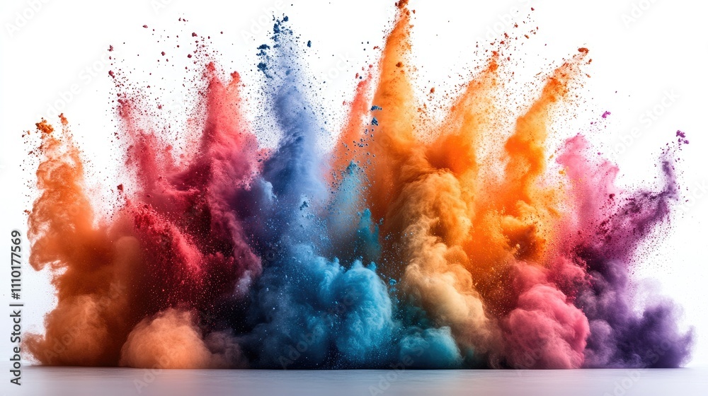 Vibrant colored powder explosion creating a dynamic and colorful abstract backdrop on a white surface Vibrant colored powder explosion creating a dynamic and colorful abstract backdrop on a white surface