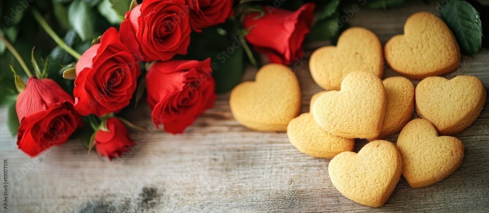 Romantic bouquet of red roses with heart-shaped cookies on a rustic wooden table Valentine’s Day love theme Romantic bouquet of red roses with heart-shaped cookies on a rustic wooden table Valentine’s Day love theme