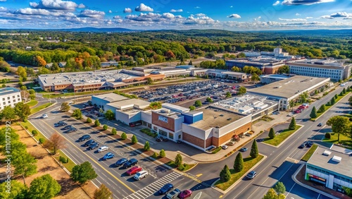 Aerial View of Norwalk Mall in Connecticut Showcasing Shopping Centers, Parking Lots, and Surrounding Areas with Vibrant Colors and Clear Sky for Commercial Use photo
