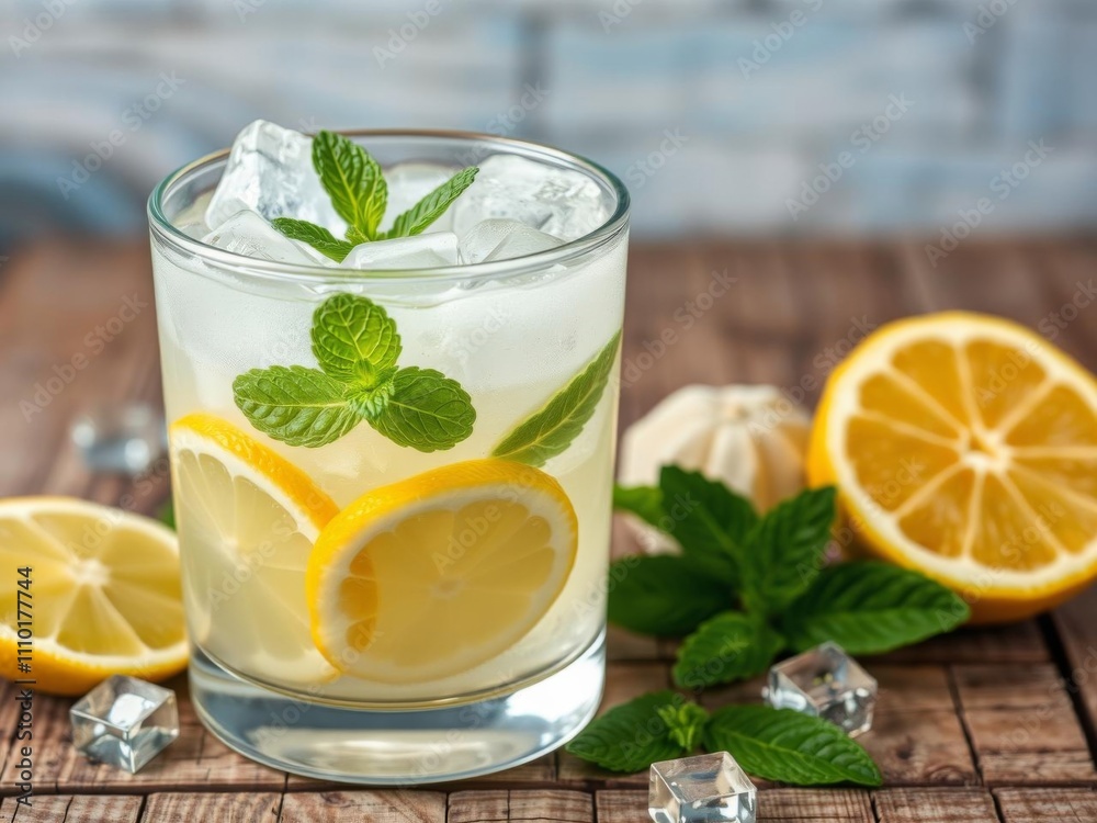 Cool lemonade with ice cubes, lemon slices, and fresh mint leaves in a clear glass on a rustic wooden table, perfect for a refreshing summer beverage, cold, rustic Cool lemonade with ice cubes, lemon slices, and fresh mint leaves in a clear glass on a rustic wooden table, perfect for a refreshing summer beverage, cold, rustic