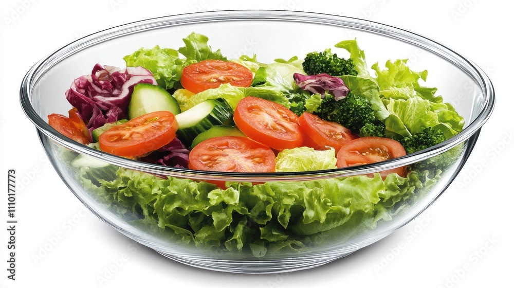 Fresh vibrant salad in a transparent bowl featuring lettuce, tomatoes, cucumbers, and broccoli on a bright background. Fresh vibrant salad in a transparent bowl featuring lettuce, tomatoes, cucumbers, and broccoli on a bright background.