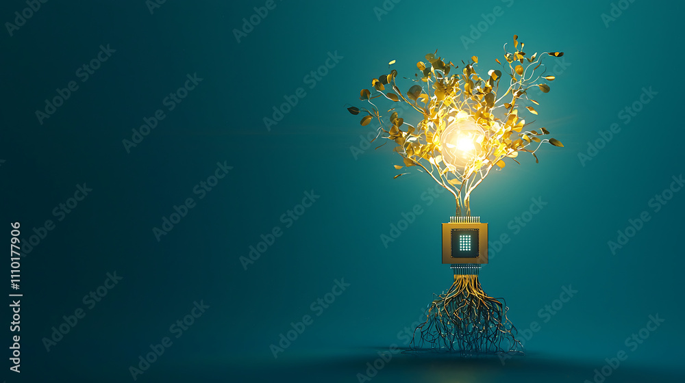 glowing circuit tree with golden leaves and roots, symbolizing technology and nature. vibrant design evokes sense of innovation and harmony glowing circuit tree with golden leaves and roots, symbolizing technology and nature. vibrant design evokes sense of innovation and harmony