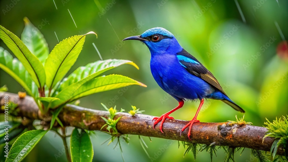 Fototapeta premium Aerial View of Red-legged Honeycreeper in the Lush Rainforests of Boca Tapada, Laguna de Lagarto Lodge, Costa Rica, Showcasing Vibrant Colors and Diverse Flora