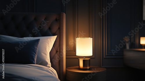 Elegant bedside lamp illuminating a dark room creating a cozy and serene atmosphere for restful sleep and relaxation. photo