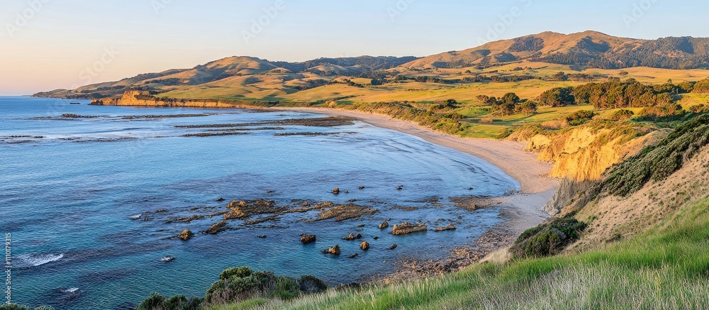 Scenic coastal view with golden beach and rolling hills under clear blue sky in a serene natural landscape. Scenic coastal view with golden beach and rolling hills under clear blue sky in a serene natural landscape.