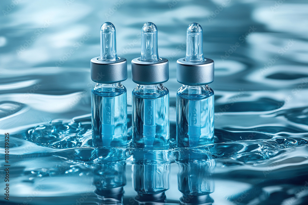 Glass vials with liquid on blue liquid background. Anti-aging mesotherapy kit, salon skin care procedure. Beauty concept. Generated by artificial intelligence Glass vials with liquid on blue liquid background. Anti-aging mesotherapy kit, salon skin care procedure. Beauty concept. Generated by artificial intelligence