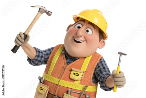 A 3D worker in a yellow helmet and safety vest cheerfully poses with two hammers, exuding confidence and readiness for construction, isolated on a transparent background photo