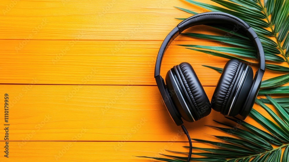 Black headphones on orange wooden background with tropical green leaves creating a vibrant and stylish summer aesthetic Black headphones on orange wooden background with tropical green leaves creating a vibrant and stylish summer aesthetic